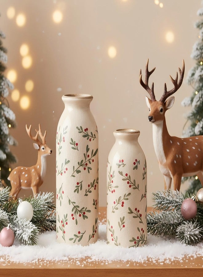 Ronasip Christmas Holly Vases, Ceramic Vase Set of 2, Hand-Painted Rustic Decor, Ice Cracked Glaze, Xmas Home Decor (Holly) - Image 3